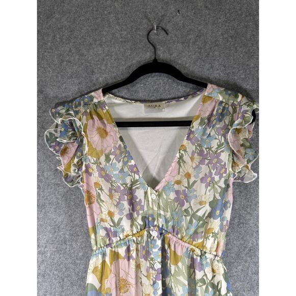 Aura Dress Women Small Short Sleeve Tiered Floral‎ V Neck Boho Feminine Relax - Picture 2 of 9